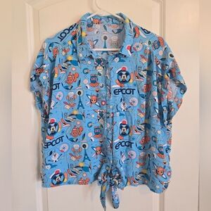 Disney Epcot Reimagined Plus Size Women's Collared Cap Sleeve Tie Off Blouse